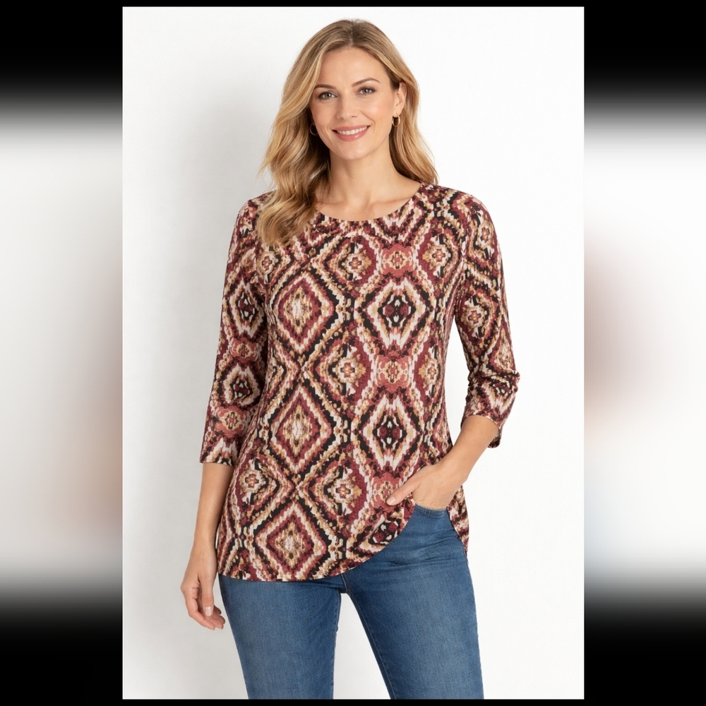 JM Collection Women's 3/4 Sleeve Top Burgandy Black Beige Geometric Pattern L